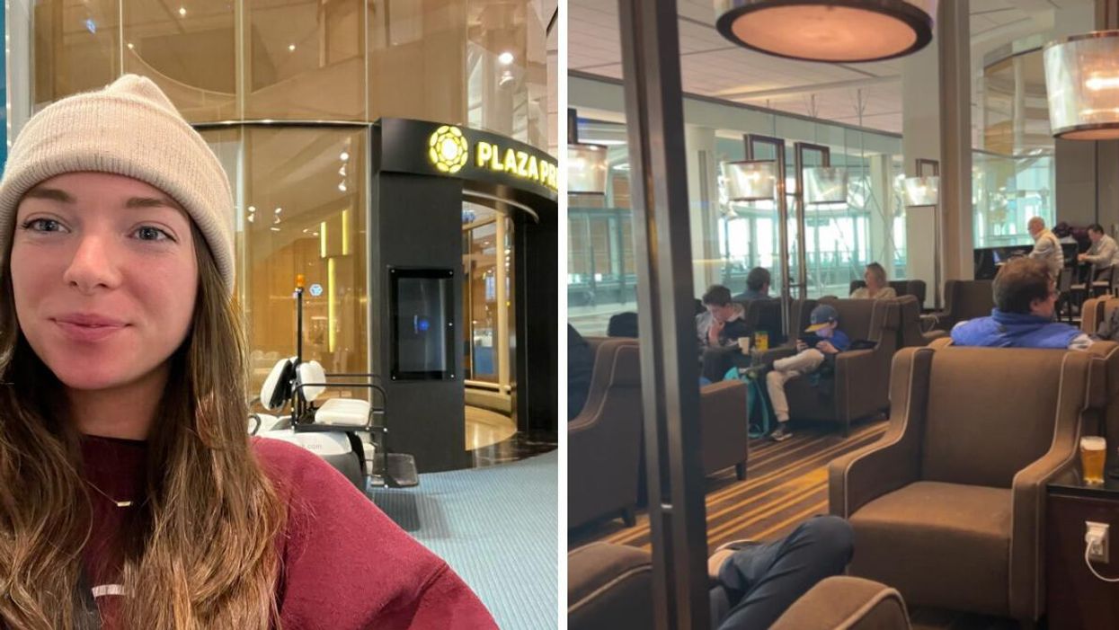 Morgan Leet at Vancouver Airport's Plaza Premium Lounge. Right: Plaza Premium Lounge at YVR.