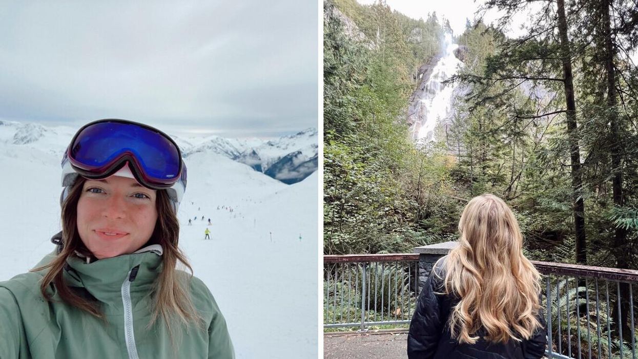 Morgan Leet at Whistler. Right: Person at Shannon Falls.