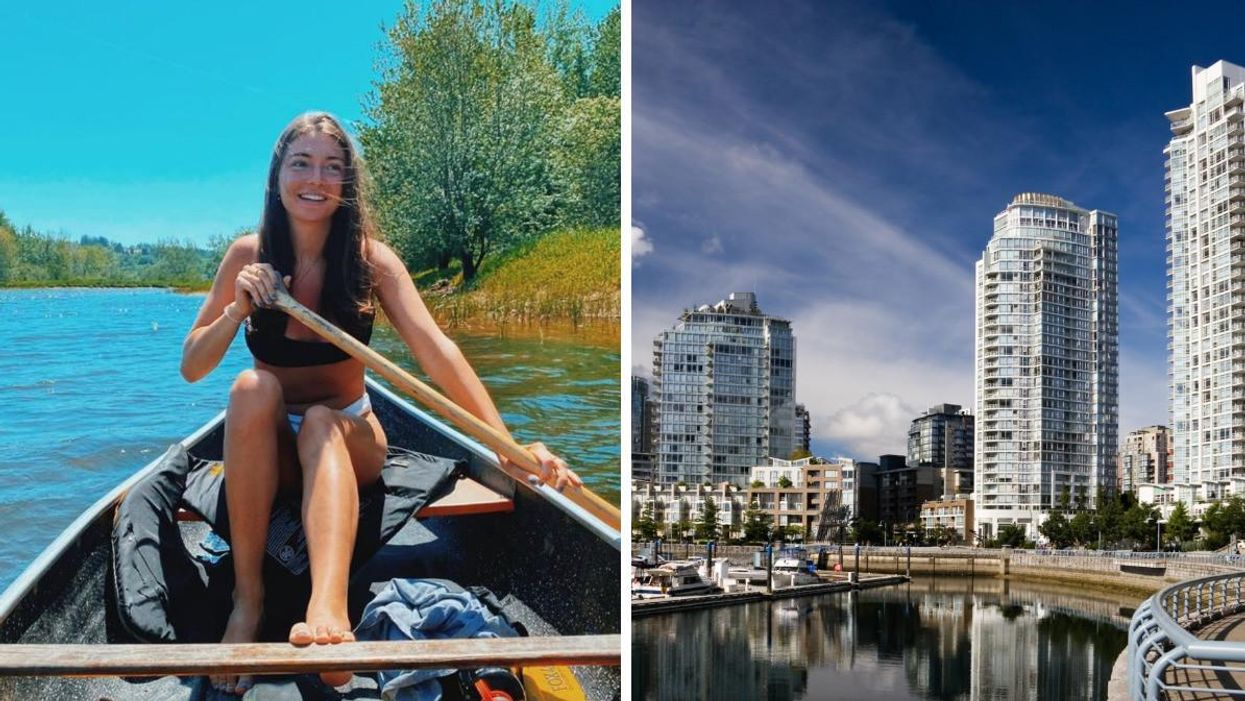 Morgan Leet canoeing in New Brunswick. Right: Vancouver, B.C.