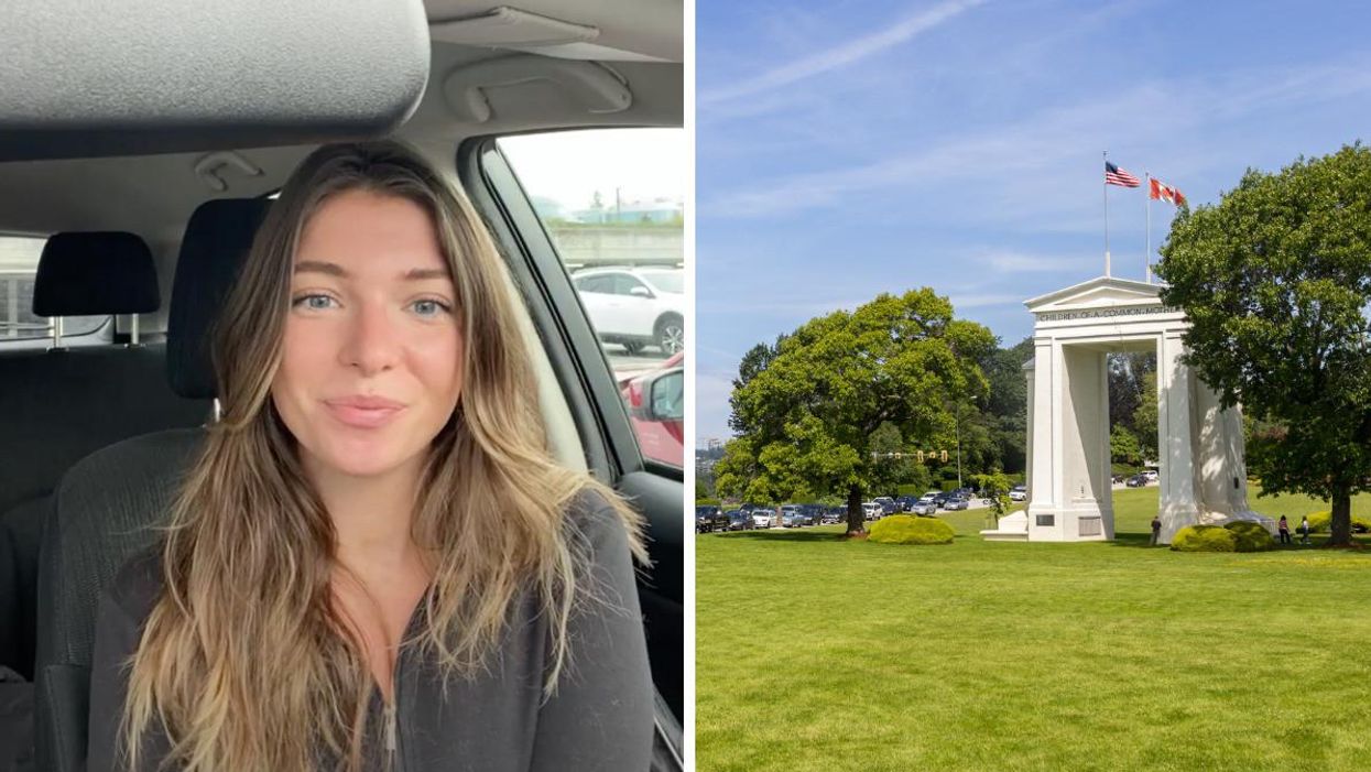 Morgan Leet driving across the U.S. border from Vancouver. Right: The Canada U.S. boarder crossing.