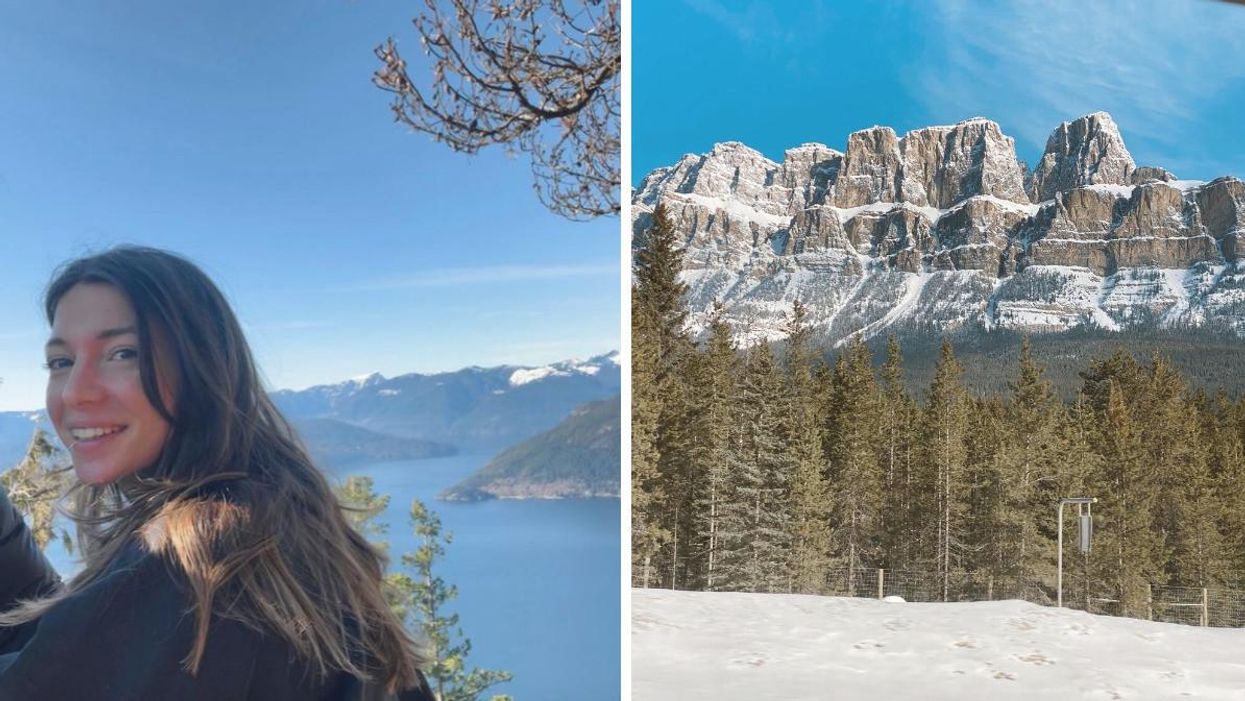 Morgan Leet in B.C. Right: Alberta mountains.