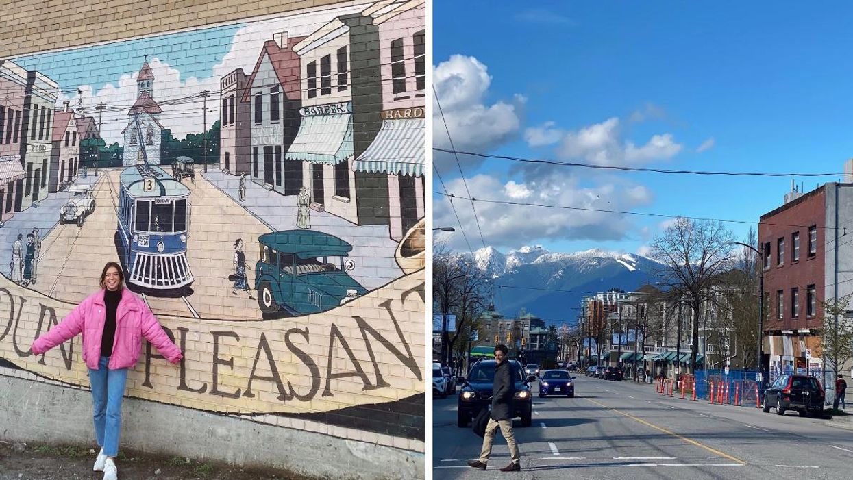 Morgan Leet in her neighbourhood in Vancouver. Right: Main St., in Vancouver, B.C.