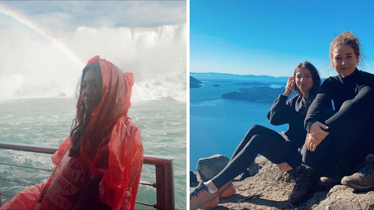 Morgan Leet in Niagara Falls. Right: Morgan Leet and friend on a hike in B.C.