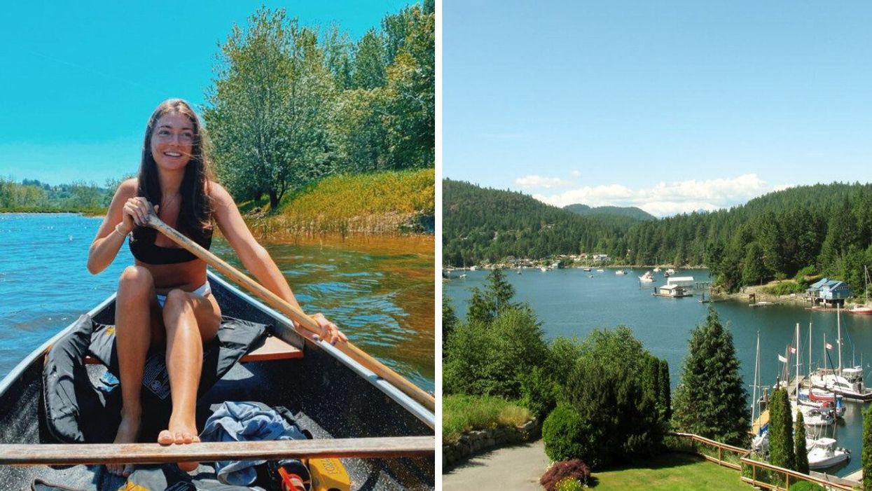 Morgan Leet kayaking. Right: a harbour on the Sunshine Coast, B.C.