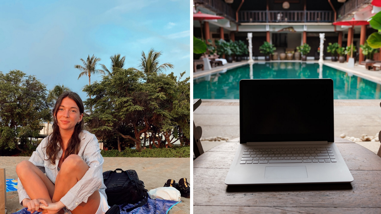 Morgan Leet on a beach. Right: A laptop beside a pool.