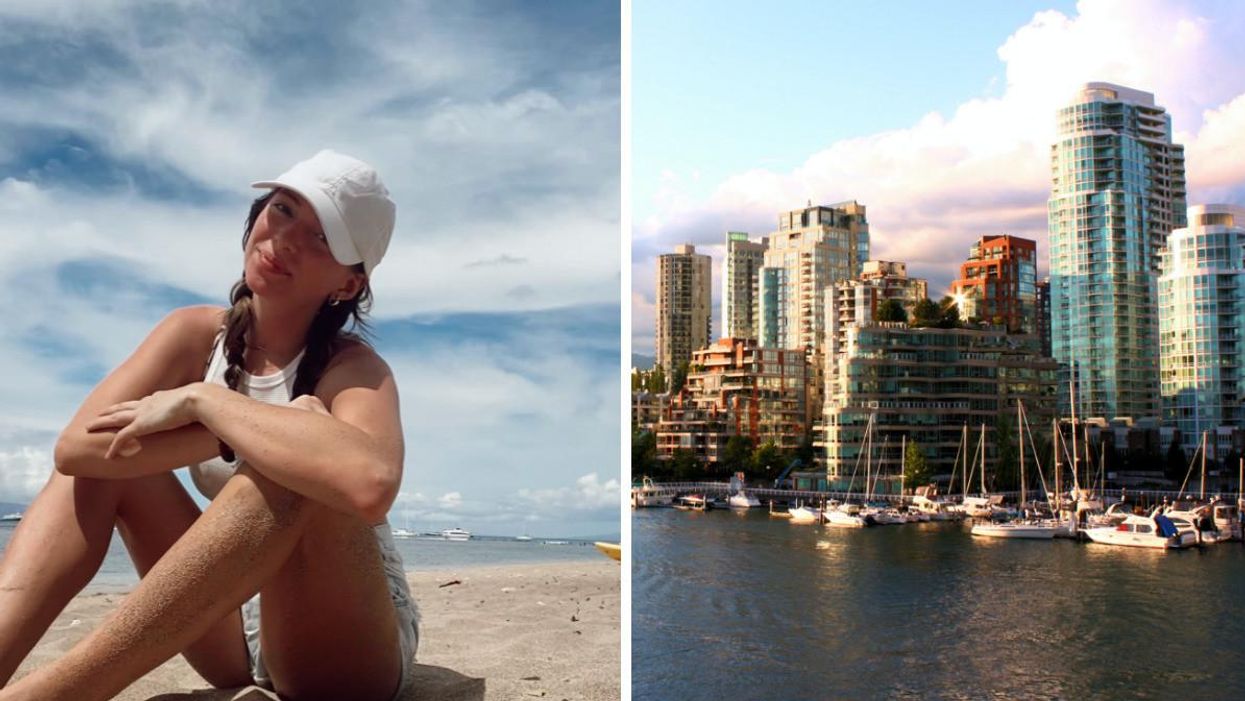Morgan Leet on a beach. Right: Vancouver, B.C.