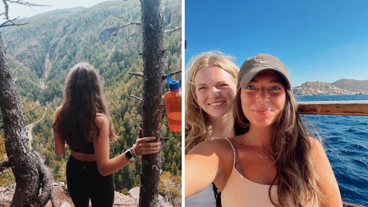 Morgan Leet on a hike. Right: Morgan Leet and friend on a boat.