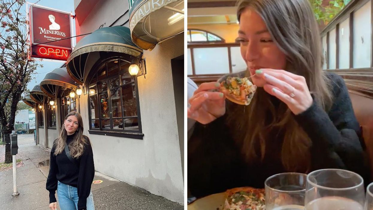 Morgan Leet outside of Minerva's. Right: Morgan Leet eating Minerva's pizza.