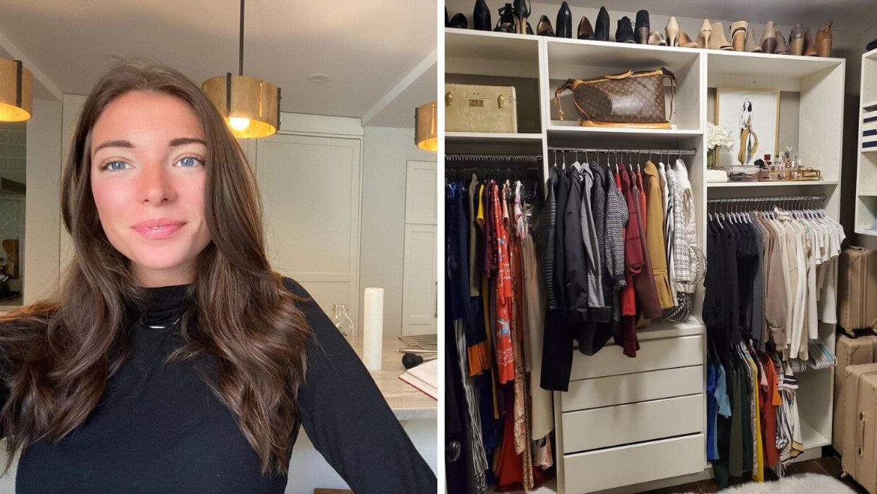 Morgan Leet. Right: A closet full of clothes.