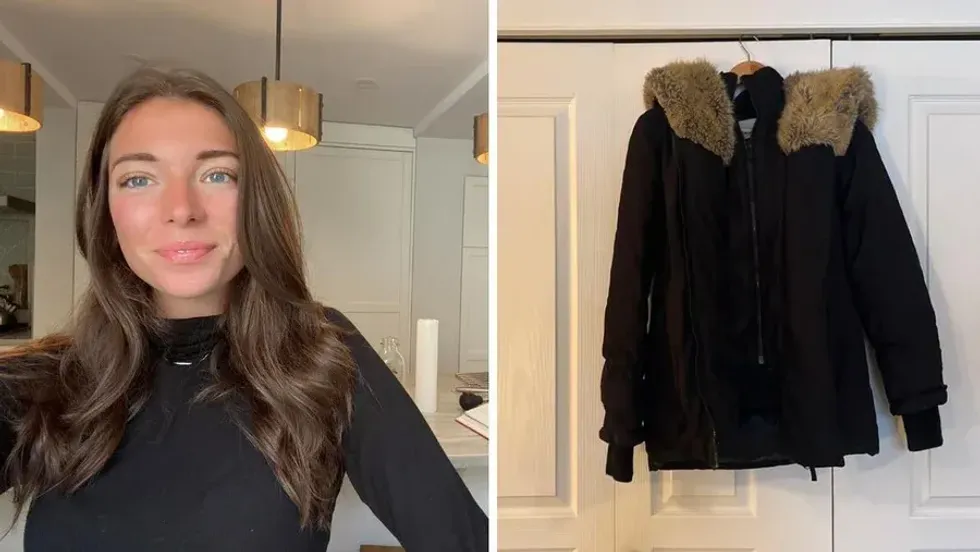Morgan Leet. Right: Jacket selling on Poshmark Canada.