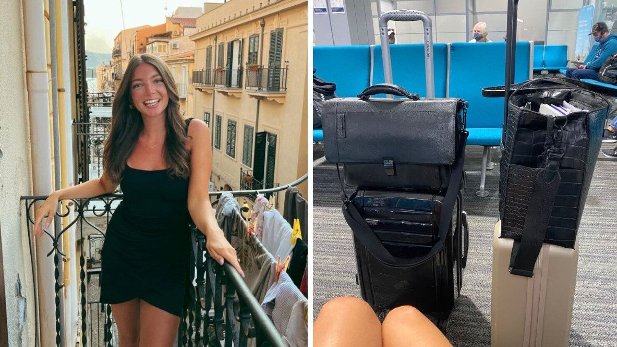 Morgan Leet standing on a balcony in Europe. Right: Luggage at the airport.