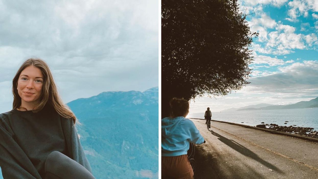 Morgan Leet visiting a destination in BC and, right, a photo of the Vancouver seawall.