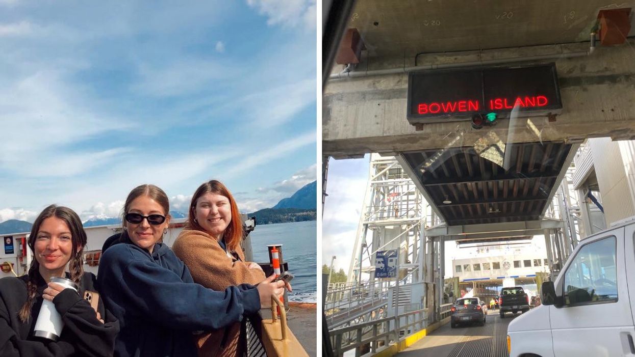 Morgan Leet with friends on BC Ferries to Bowen Island. Right: Getting on BC Ferries to Bowen Island.