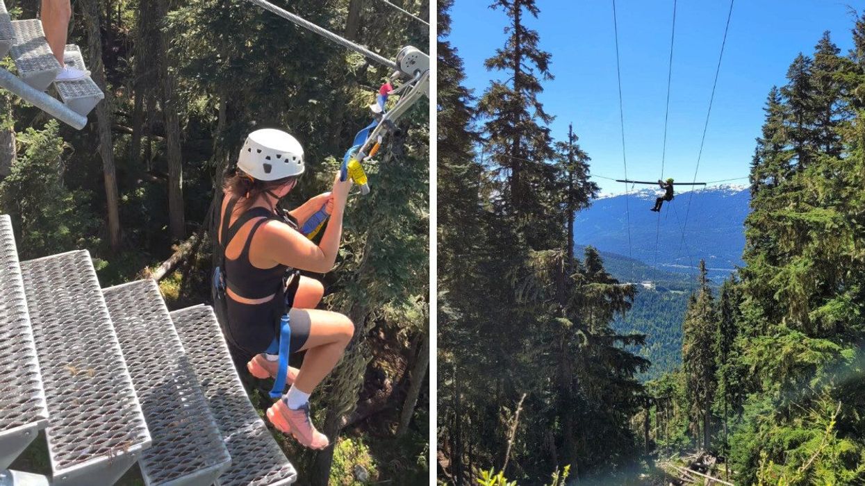 Morgan Leet ziplining. Right: Zipline in Whistler.