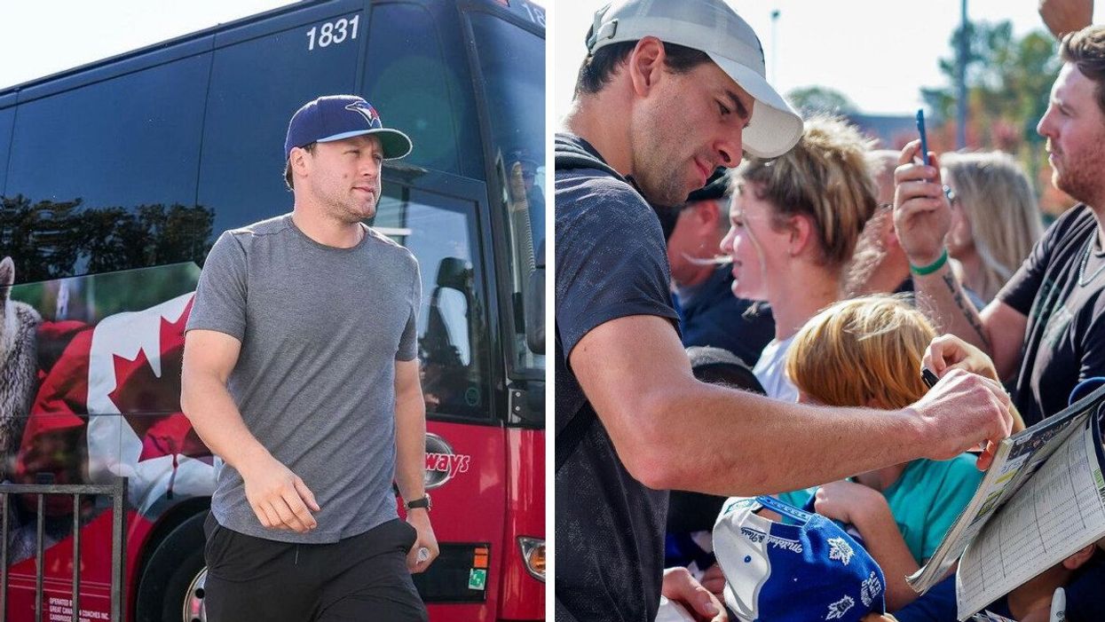 Morgan Rielly. Right: John Tavares signing autographs.