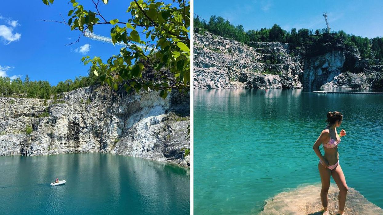 Morrison’s Quarry in Chelsea, Quebec. Right: A person stands on a rock at Morrison’s Quarry.