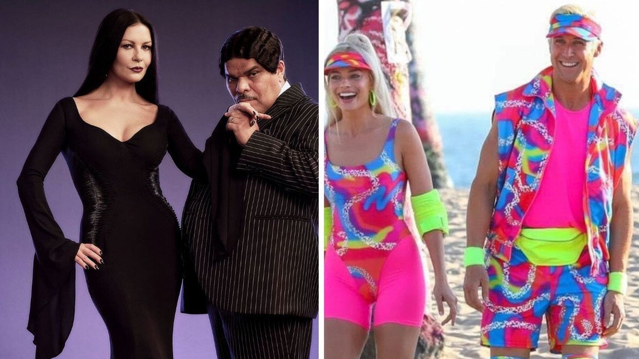 Morticia and Gomez Addams from Wednesday. Right: Barbie and Ken from the 2023 Barbie film.