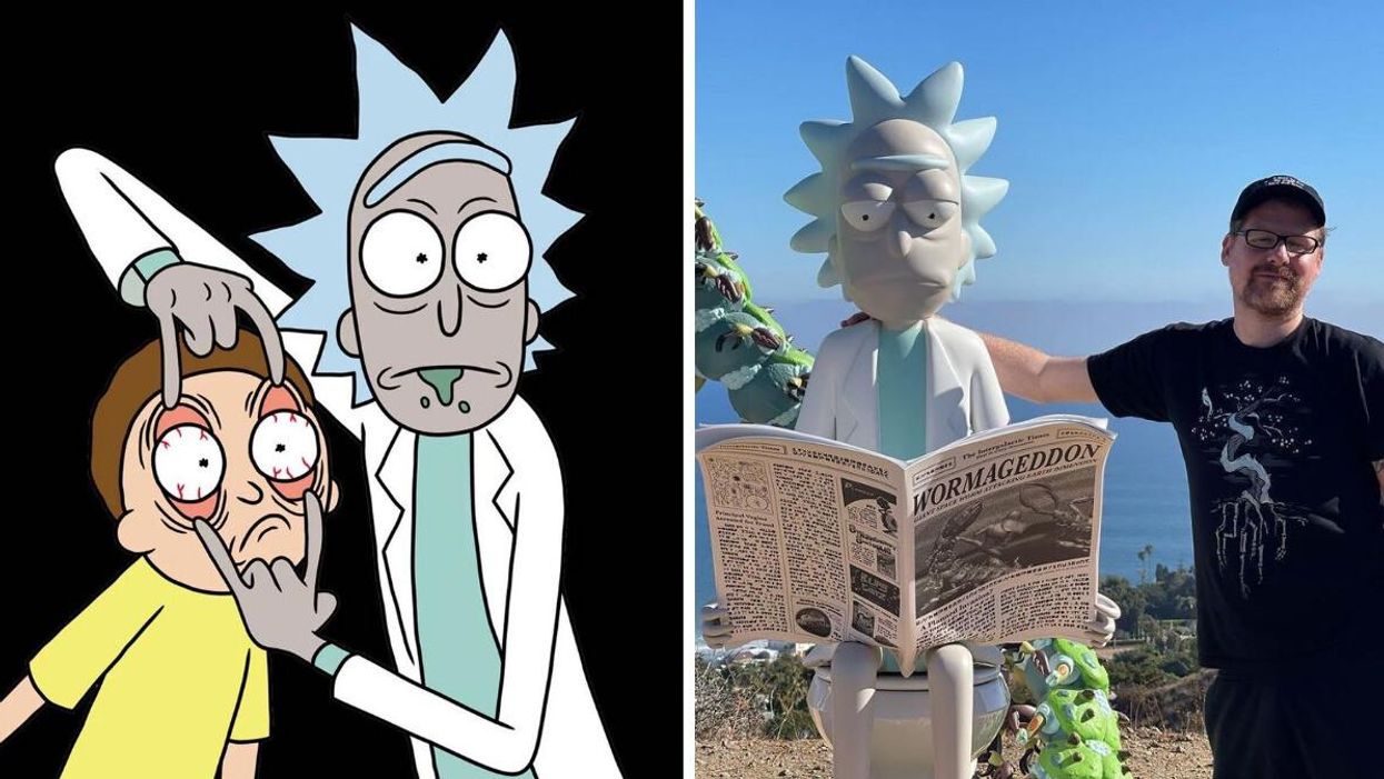 Morty and Rick. Right: Justin Roiland with a Rick statue.
