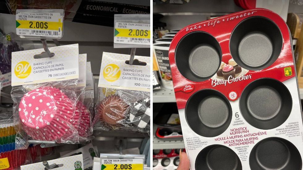 Moules \u00e0 g\u00e2teau en papier du Dollarama. Droite : Moules \u00e0 muffins du Dollarama.