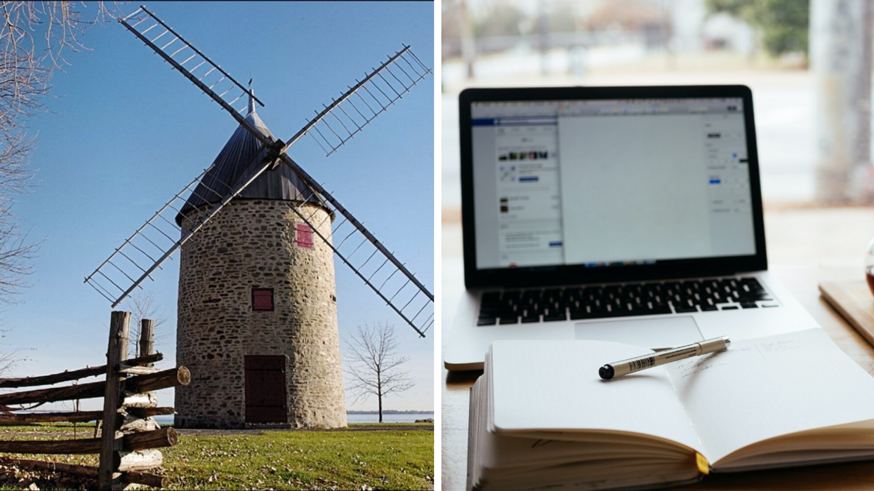Moulin à vent de Notre-Dame-de-l'Île-Perrot. Droite : Carnet de note et stylo devant un Macbook.