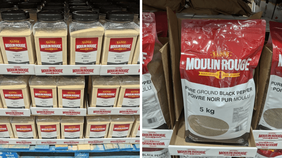 Moulin Rouge spices: large containers and bags of granulated garlic and ground black pepper.