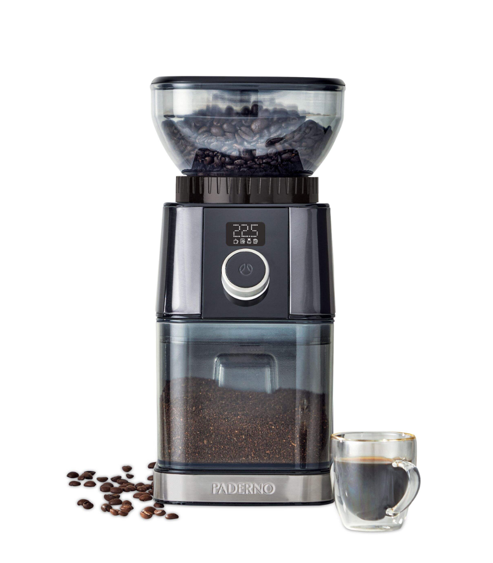 Moulin \u00e0 caf\u00e9 \u00e0 30 r\u00e9glages PADERNO, acier inoxydable noir, 12 tasses.