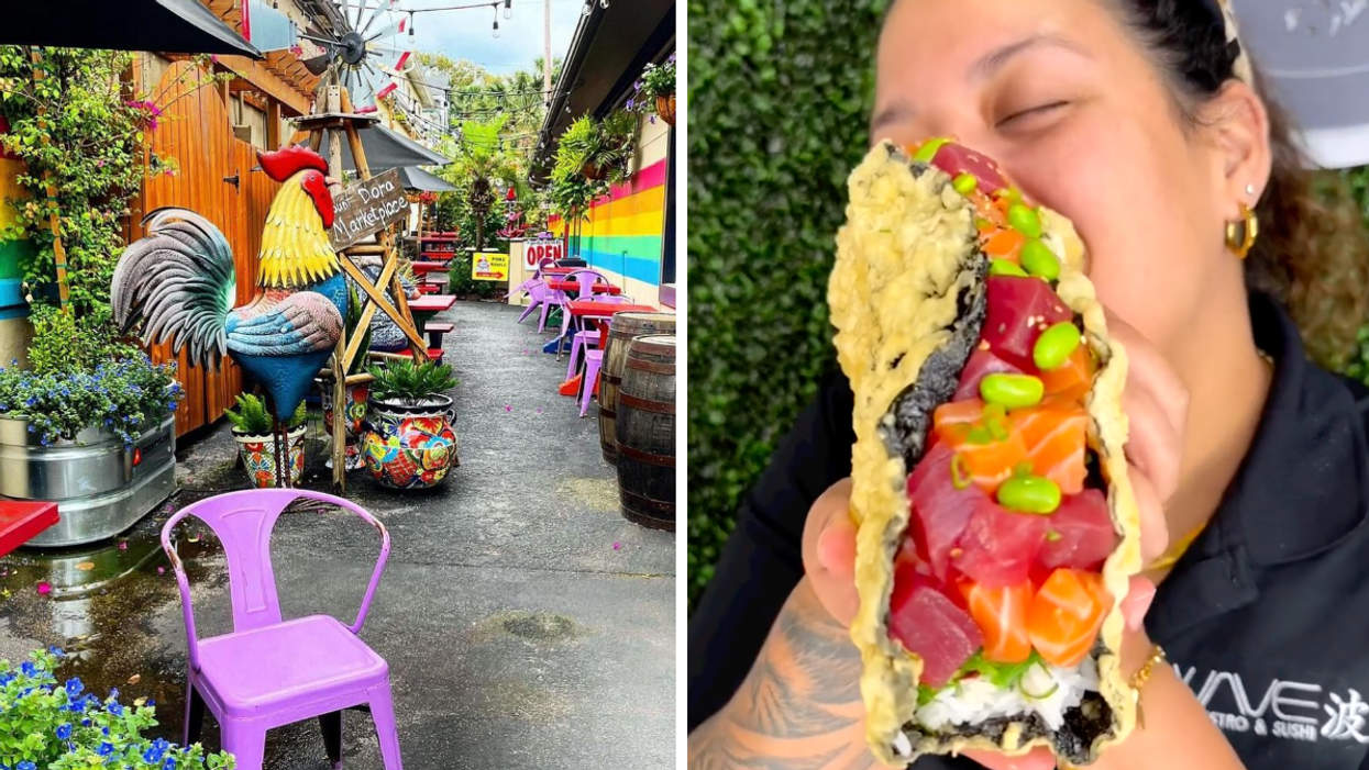 Mount Dora Marketplace. Right: A woman eating a sushi taco.