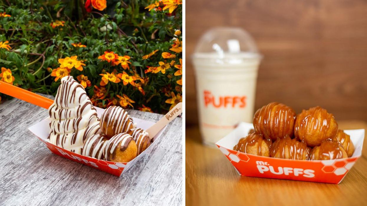 Mount Olympus from Mr. Puffs. Right: Glazed puffs sitting by a drink.