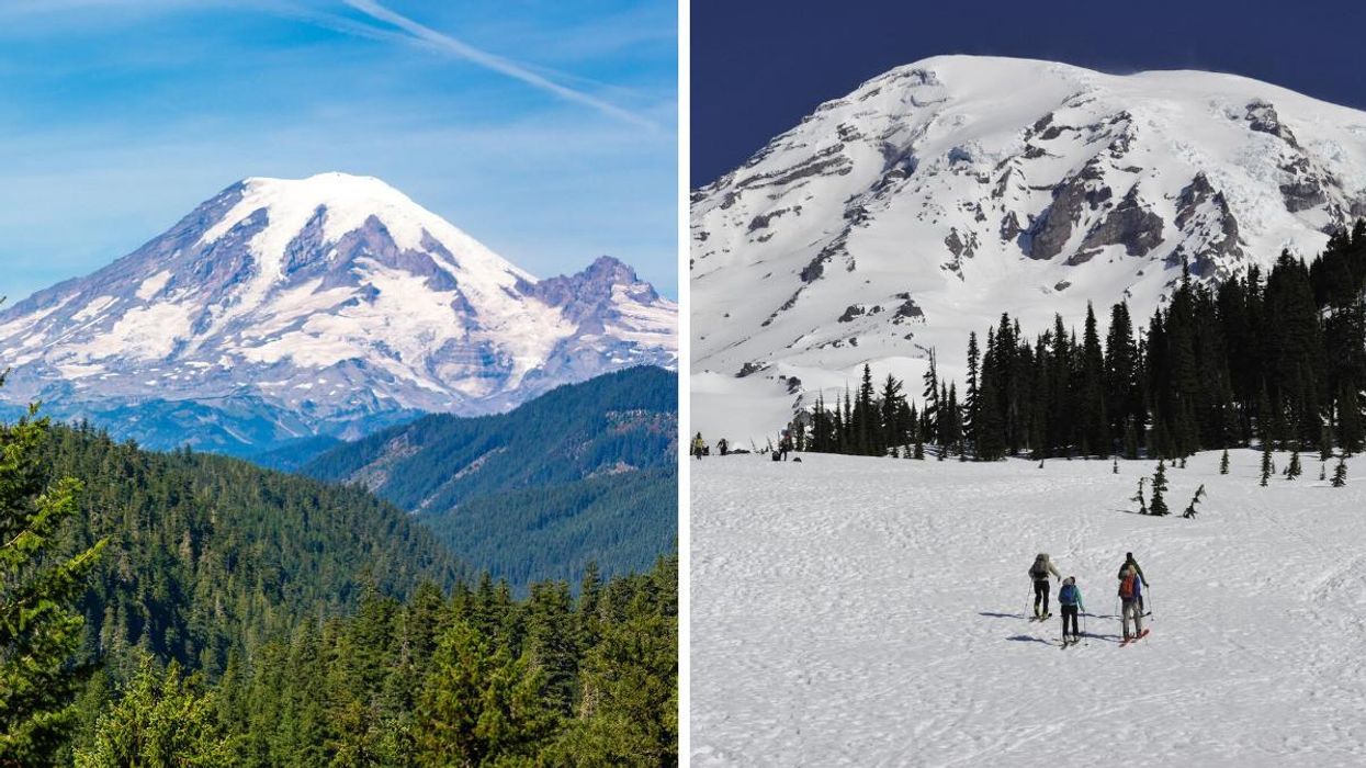 Mount Rainier in Washington. Right: Cross-country skiers in facing Mount Rainier.