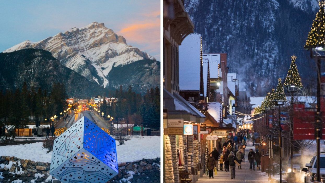 Mountain in Banff. Right: Town of Banff in the winter.