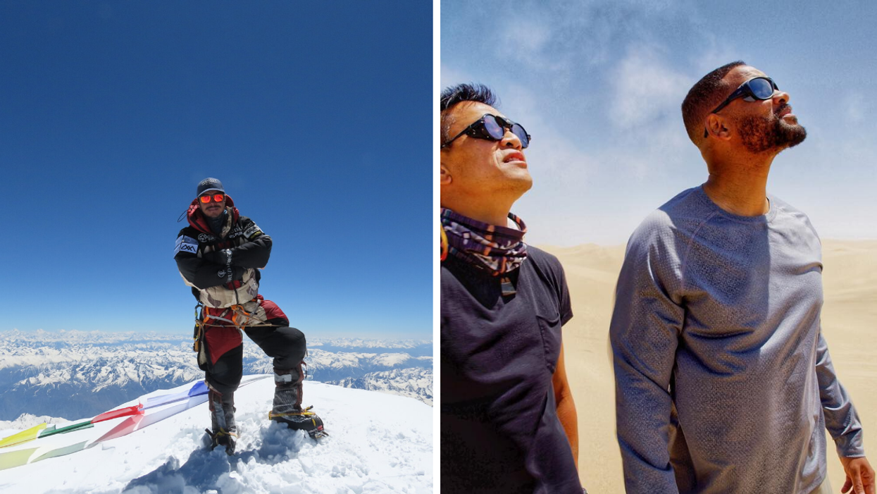 Mountaineer on top of snowy peak. Right: Will Smith and Albert Lin in the desert.