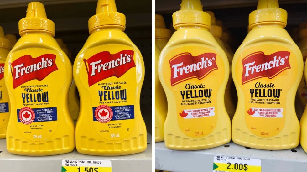 Moutarde French's \u00e0 1,50 $. Droite : Moutarde French's \u00e0 2 $.