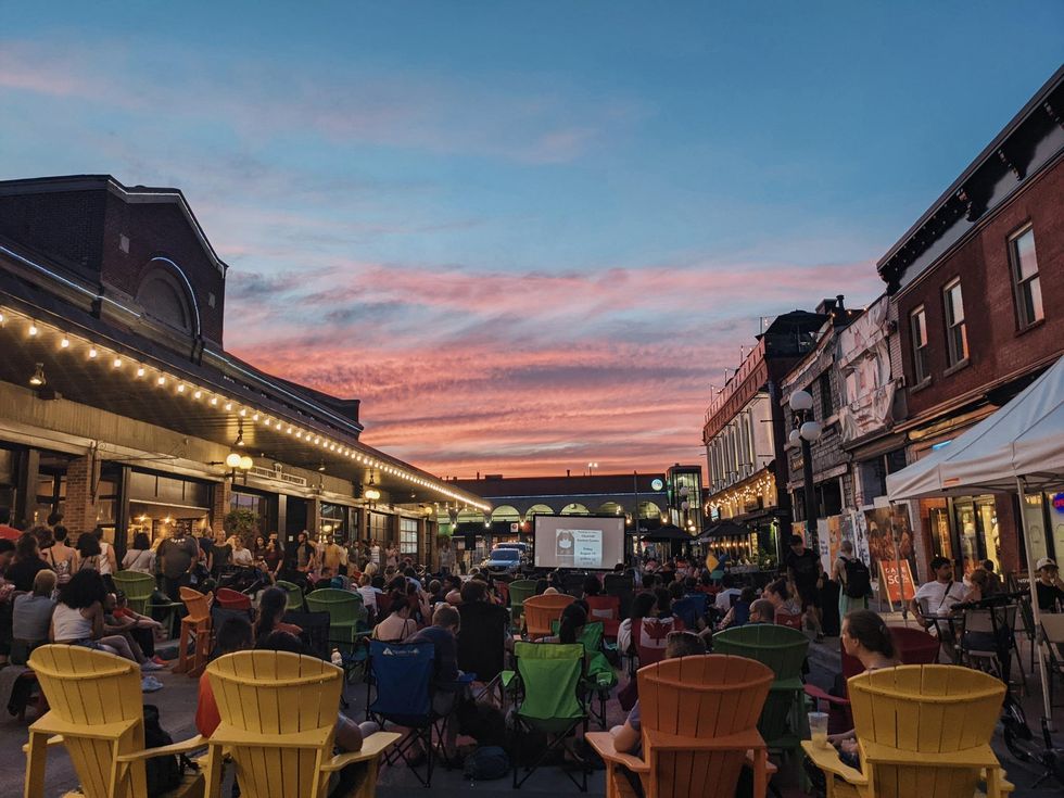 Movie screening in the Byward Market at sunset.
