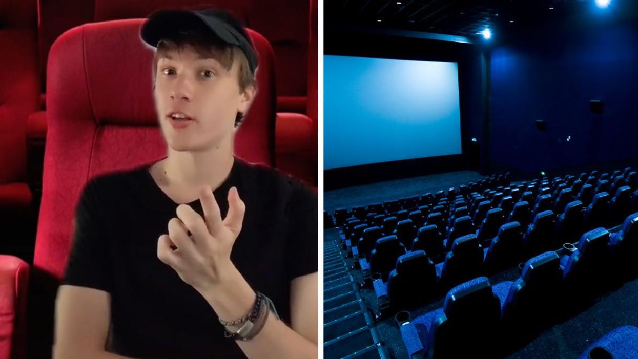Movie theatre worker on TikTok. Right: A movie theatre.