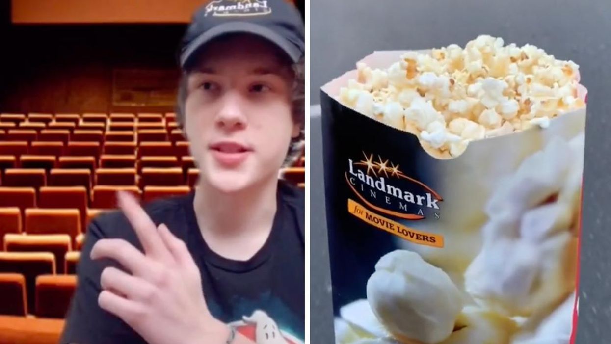 Movie theatre worker on TikTok. Right: Popcorn.