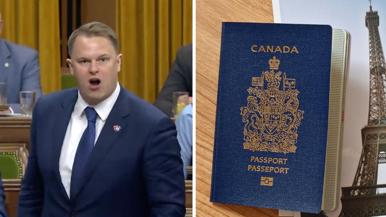 MP Brad Vis in the House of Commons. Right: A Canadian passport.