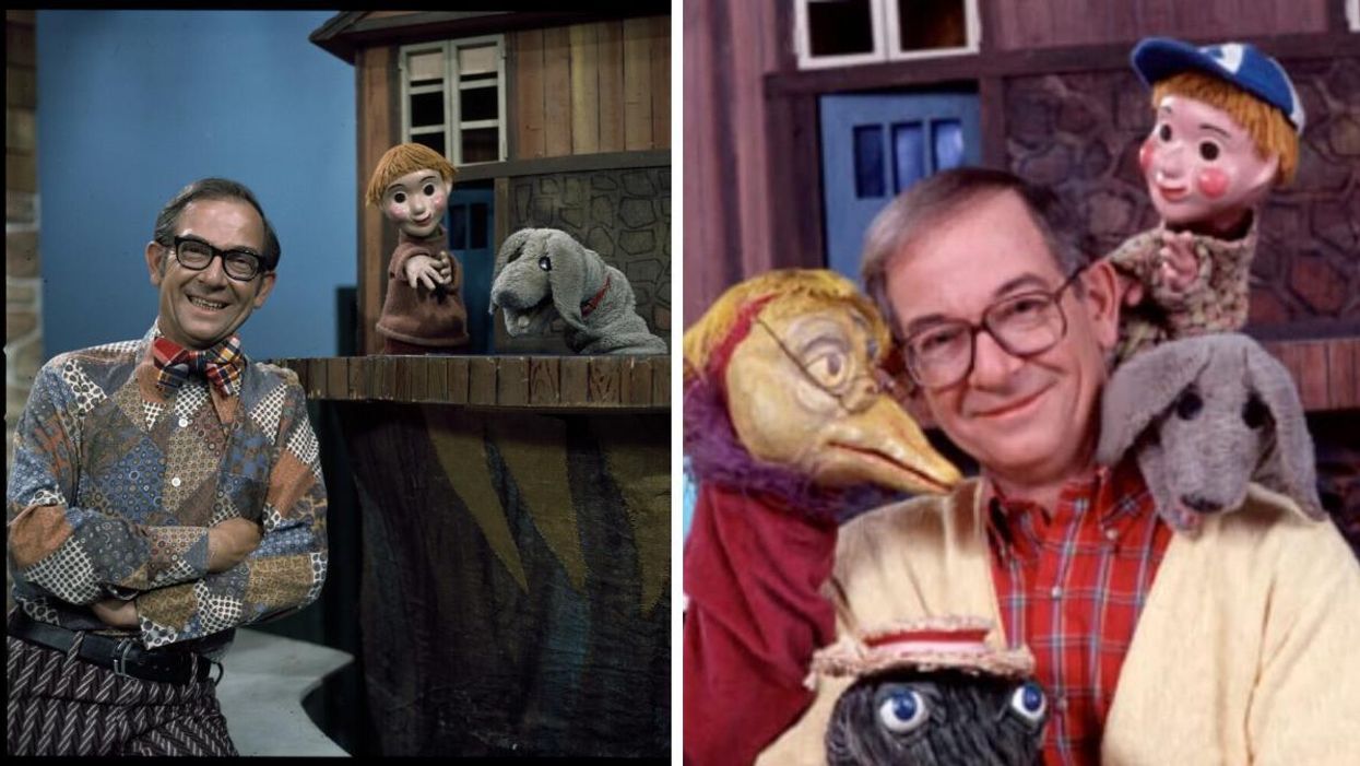 Mr. Dressup with two puppets. Right: An older Mr. Dressup with all his puppets.