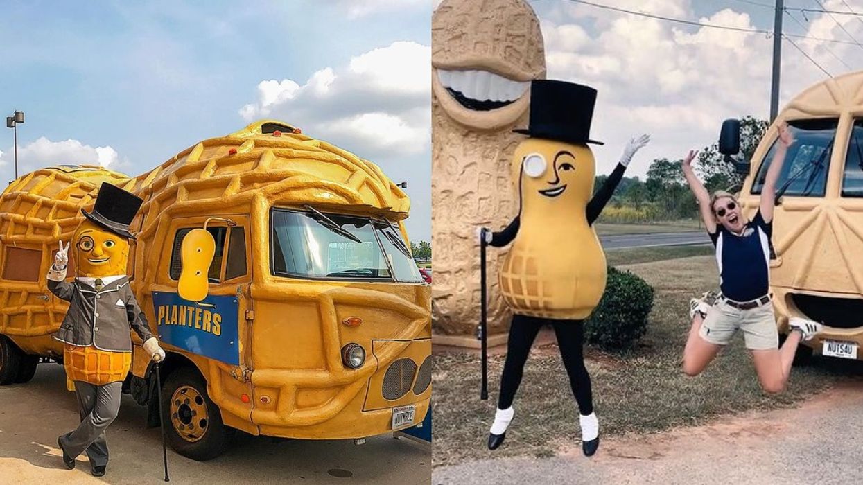 Mr. Peanut Planters NUTmobile Peanutters. Right: Mr. Peanut and a woman jumping in the air.