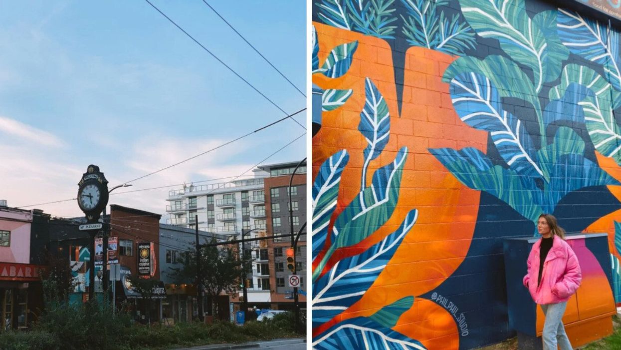 Mt. Pleasant neighbourhood Vancouver. RIght: someone walking in Mt. Pleasant.