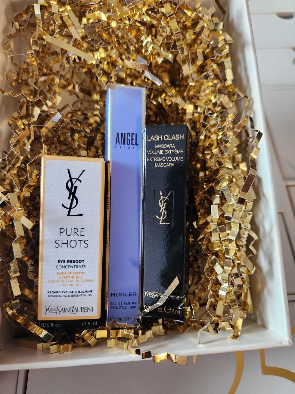 Mugler Angel Elixer, Yves Saint Laurent Beauty Lash Clash Extreme Volume Mascara and Yves Saint Laurent Pure Shots Eye Reboot Concentrate\u200b.