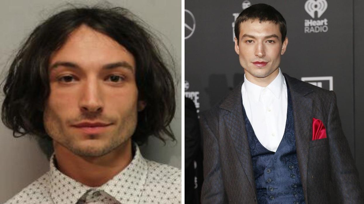 Mugshot of Ezra Miller. Right: Ezra Miller on the red carpet at the premiere of Justice League.
