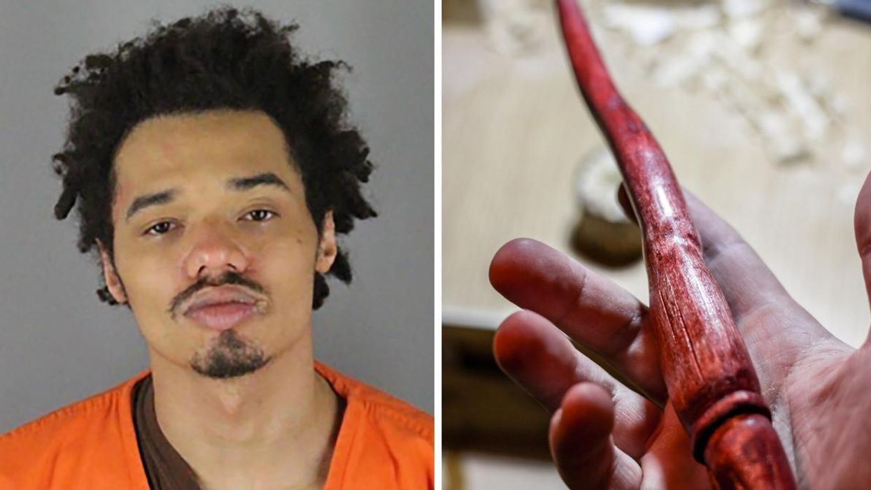 Mugshot of Skylar Thomas. Right: Someone holding a wooden wand.