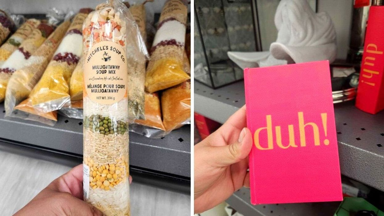 Mulligatawny soup mix. Right: A bookend that says duh!