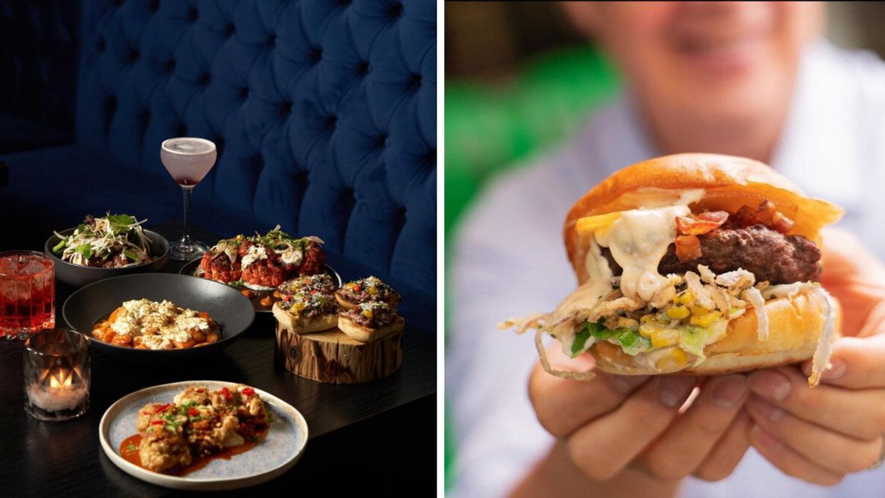 Multiple different dishes and drinks all laid out on a table. Right: A person smiling and holding a burger.