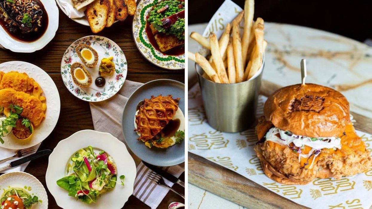 Multiple dishes on a table. Right: A burger and fries.