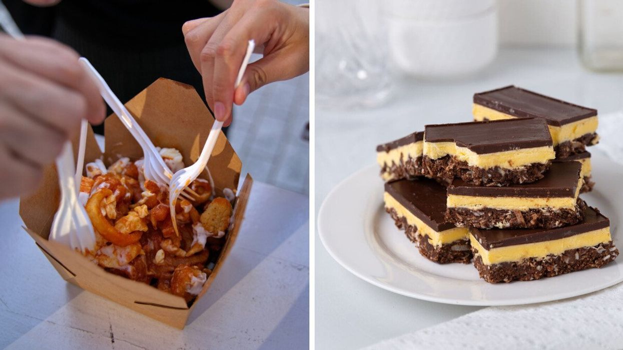 Multiple forks digging into a box of poutine. Right: A stack of multiple Nanaimo Bars on a plate.
