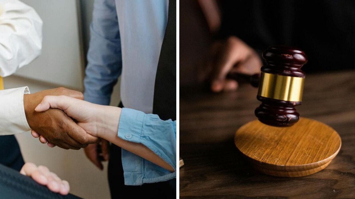 Multiracial colleagues shaking hands at work. Right: Brown and gold gavel on brown wooden table.