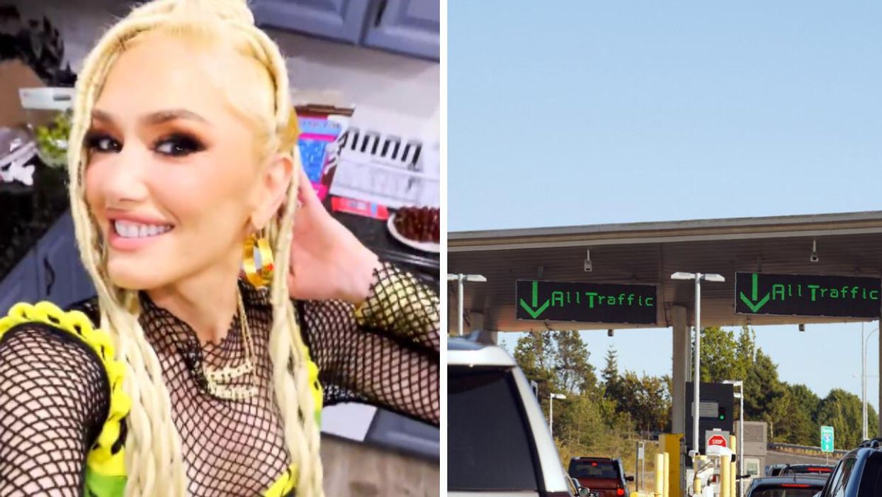 Musician Gwen Stefani. Right: Cars line up at the Canada-U.S. land border.