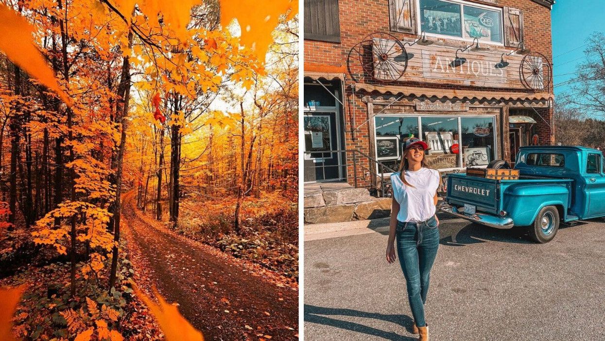 Muskoka road during the fall. Right: A person standing outside a store.