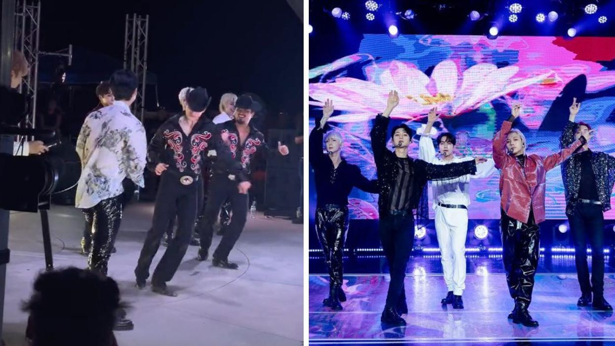 MustB K-pop group joined by Grupo Control during a concert in South Padre Island, TX. Right: MustB Korean group during a presentation.